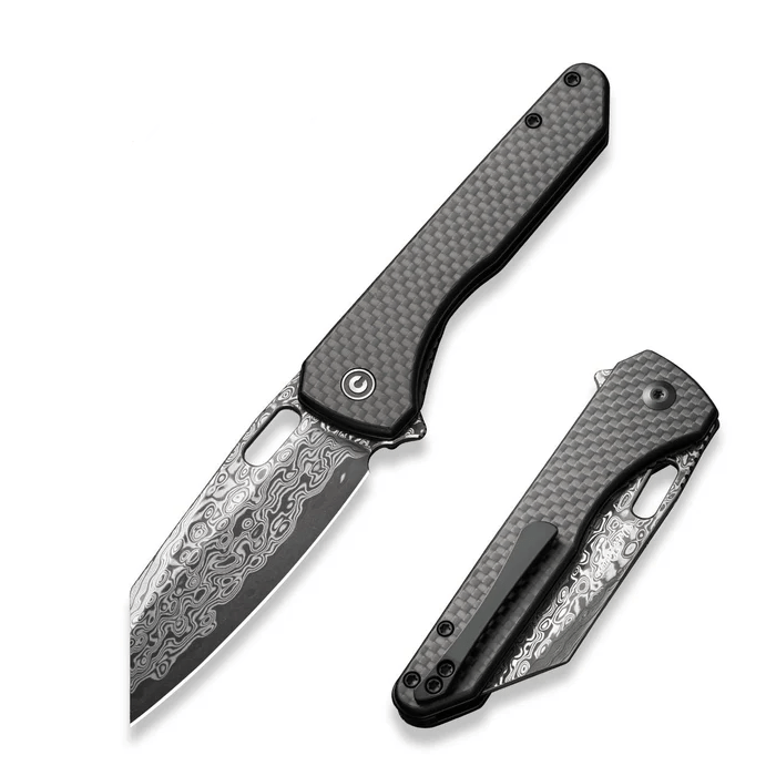CIVIVI Knives Nugz Flipper Knife with intricate blade design and carbon fiber handles, showcasing high-quality craftsmanship.