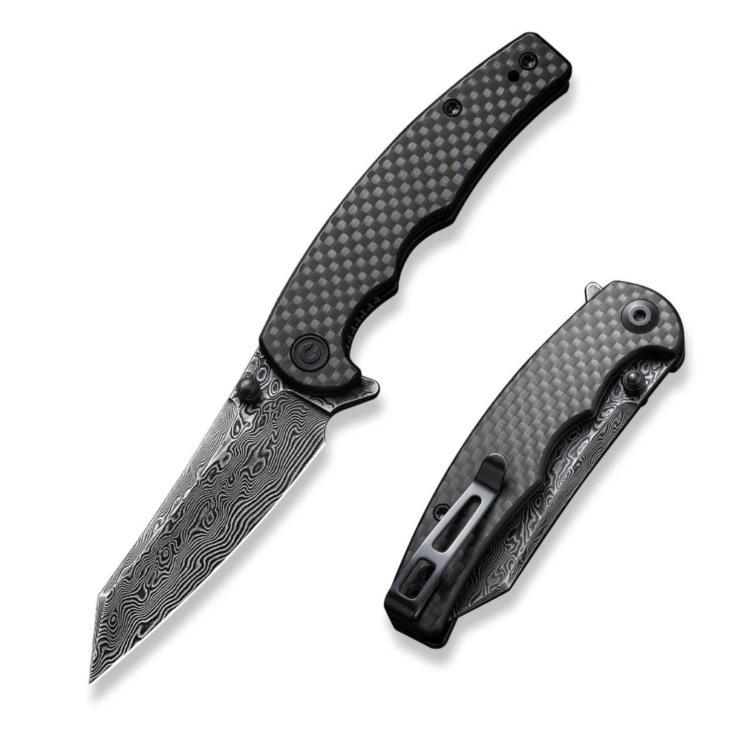 CIVIVI P87 Flipper Knife with carbon fiber handle and Damascus blade, showcasing precision and style.