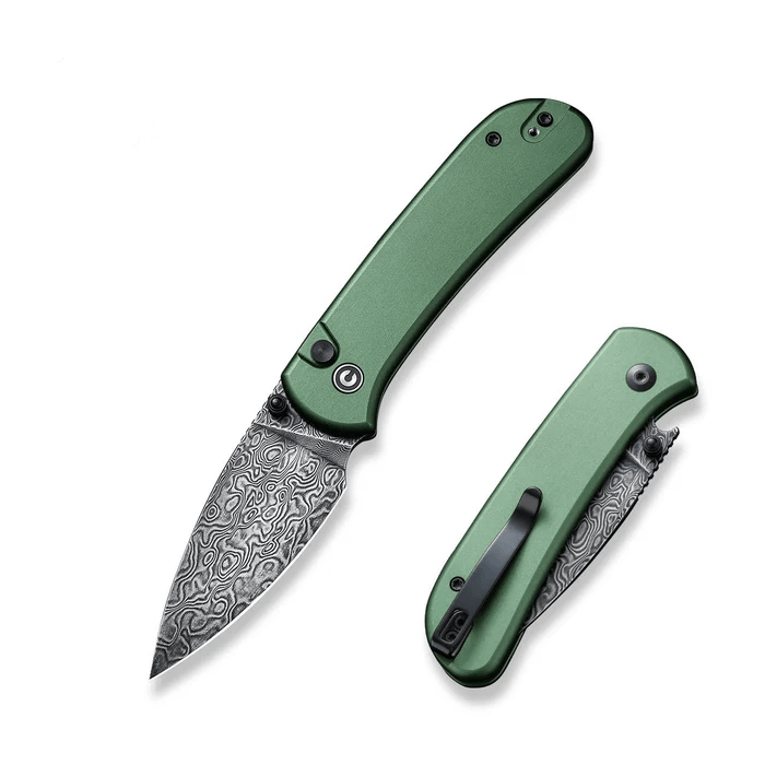 CIVIVI Knives Qubit Knife featuring a green handle and intricate Damascus steel blade, perfect for EDC enthusiasts.