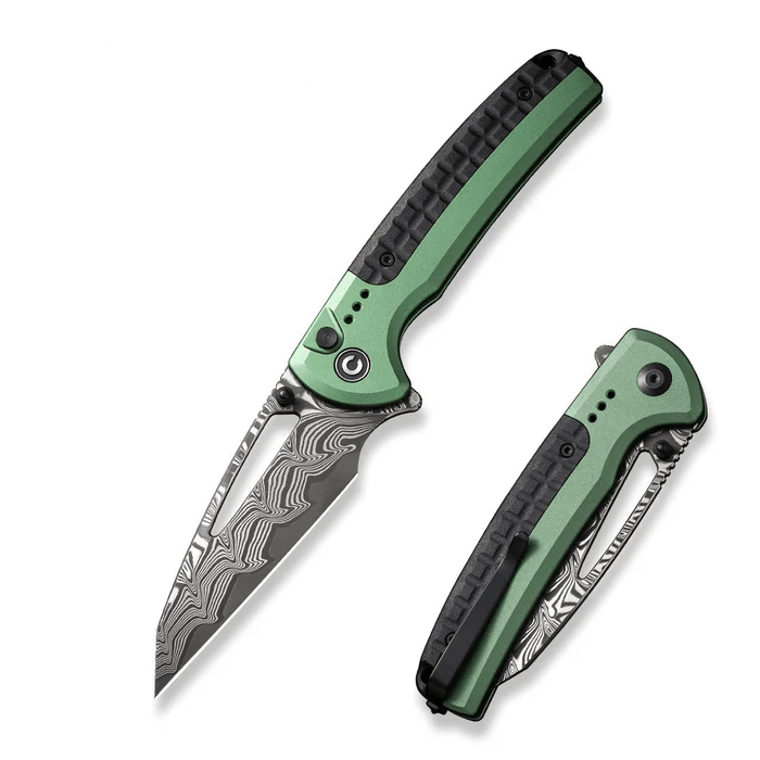 CIVIVI Knives Sentinel Strike Knife showcasing a Damascus steel blade and green handle, perfect for versatile performance.