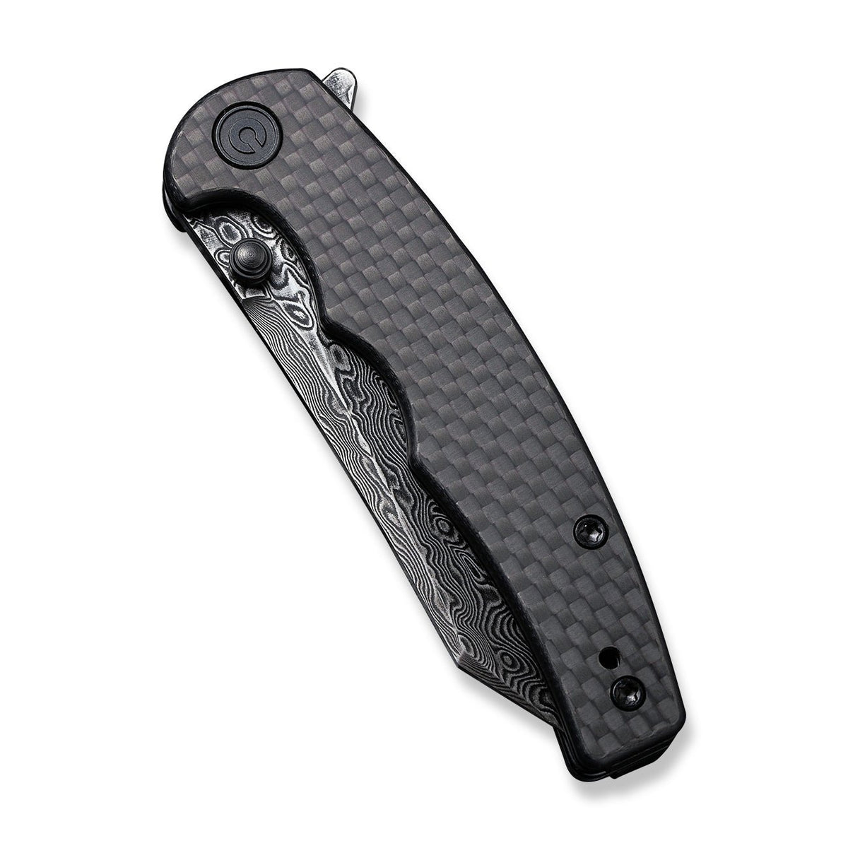 CIVIVI P87 Folder Flipper Knife featuring carbon fiber handle and Damascus blade, showcasing sleek and modern design.