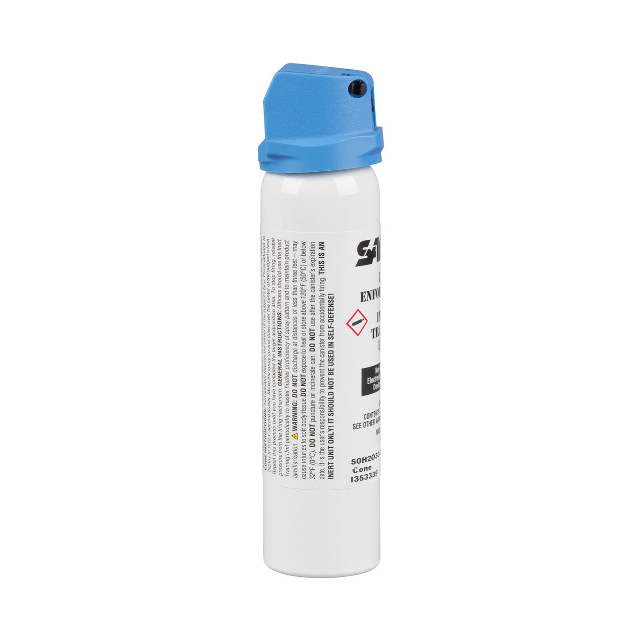 White spray can with blue cap on a white background