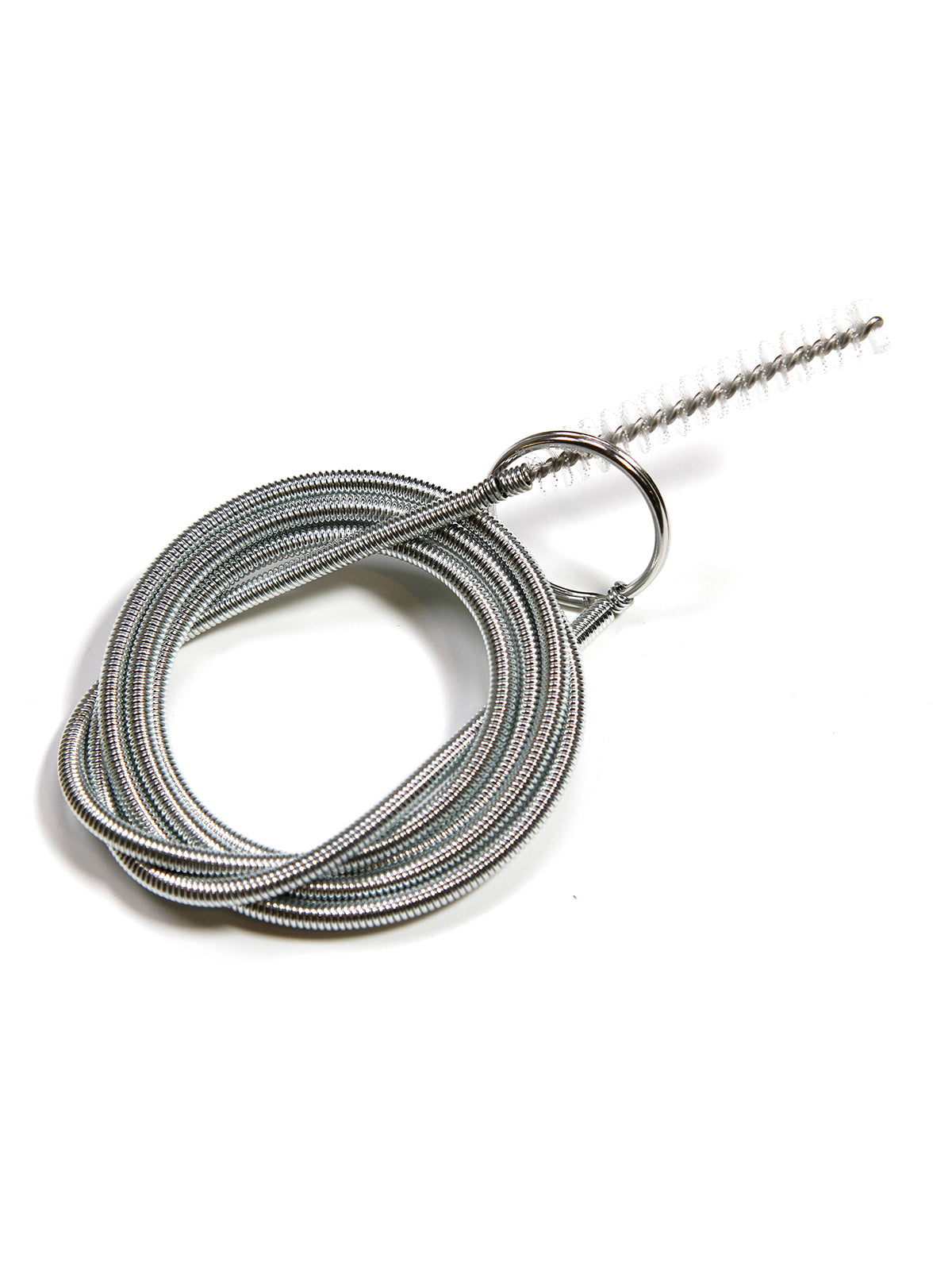 Coiled metal cable with a hook on a white background