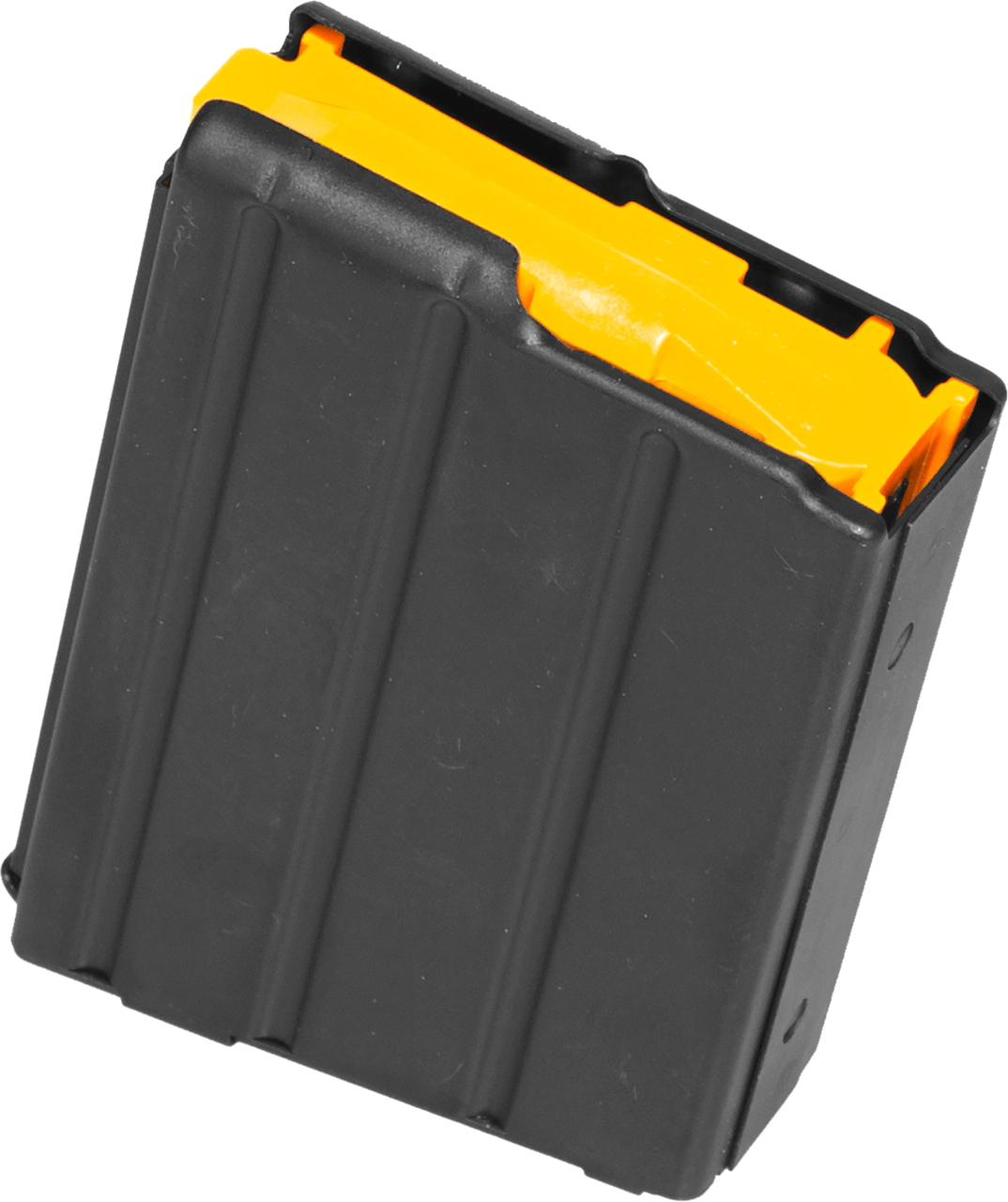 CMMG AR15 350 Legend 5rd magazine, black with yellow top, designed for reliable feeding in AR15 rifles.