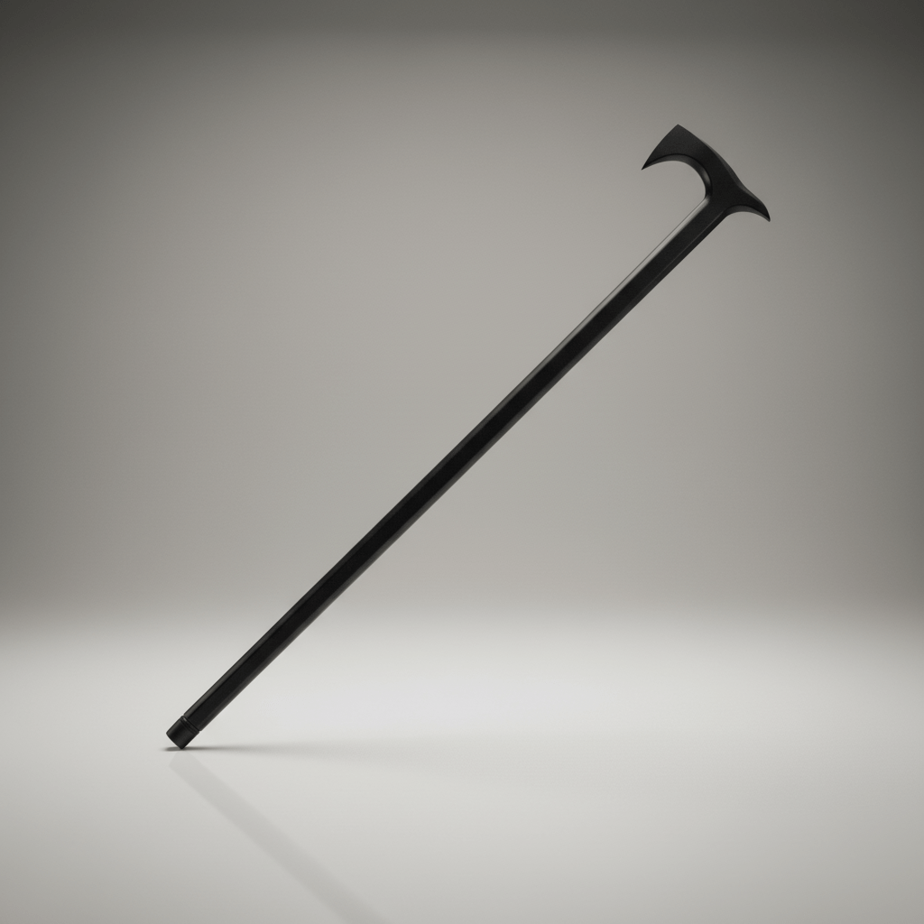Black walking cane with and Axe head on a gray background