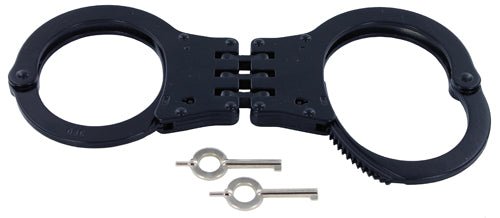 Combined Systems Model 1058C oversized hinged handcuffs with two keys, designed for enhanced security and larger wrists.
