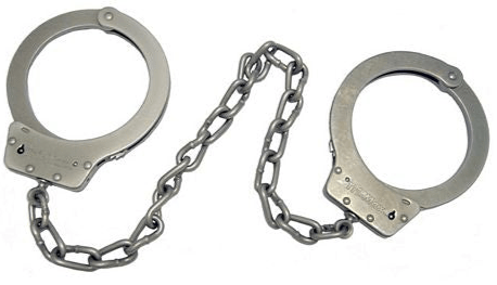 High security leg irons with a sturdy chain, designed for enhanced restraint and safety.