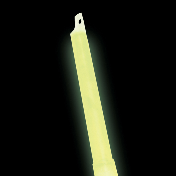 Activated ChemLight stick glowing yellow green, showing the hook top of a lit light stick