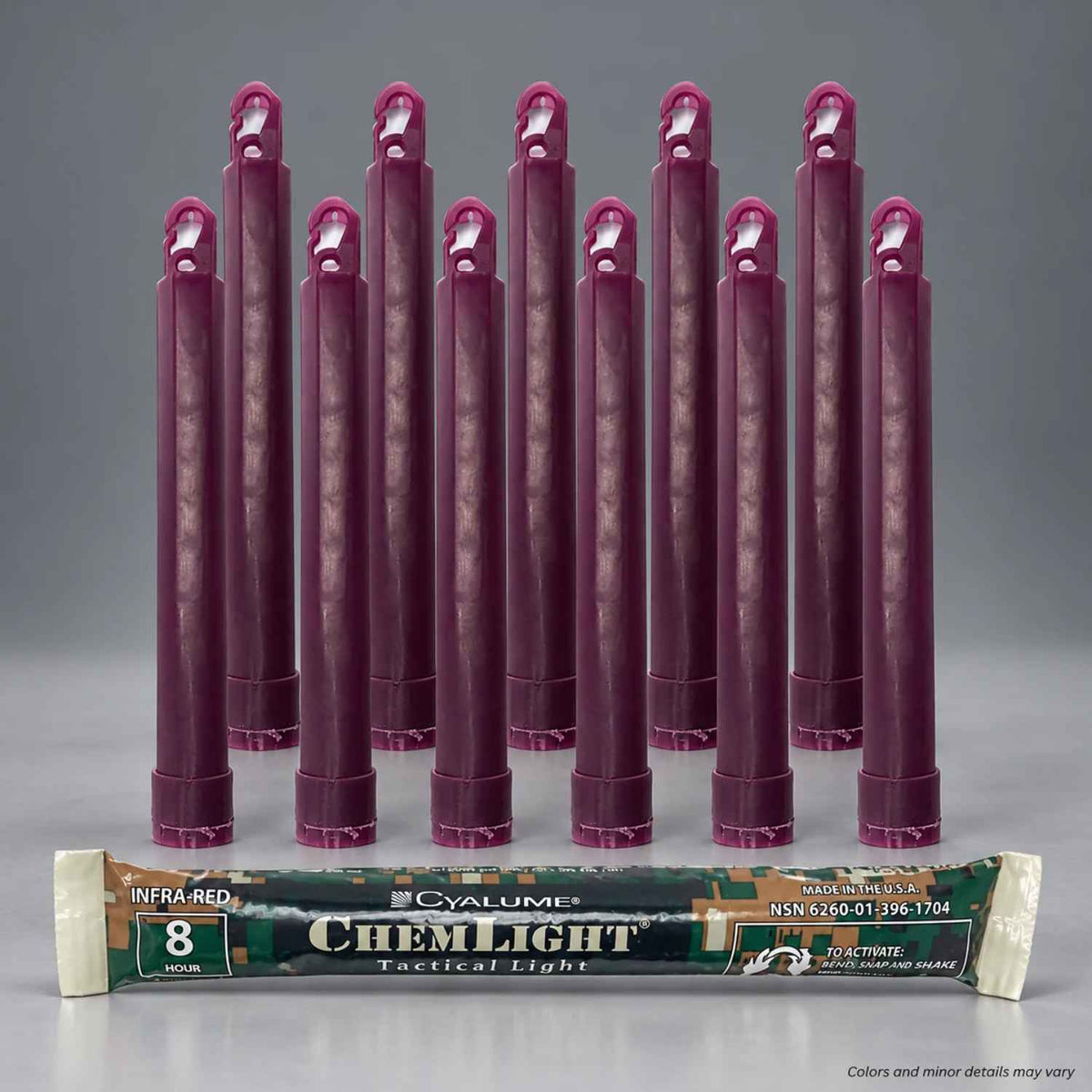 Cyalume infrared ChemLight 6-inch, 8-hour light sticks, 10-pack, model 9-17040PF, shown with camouflage packaging.
