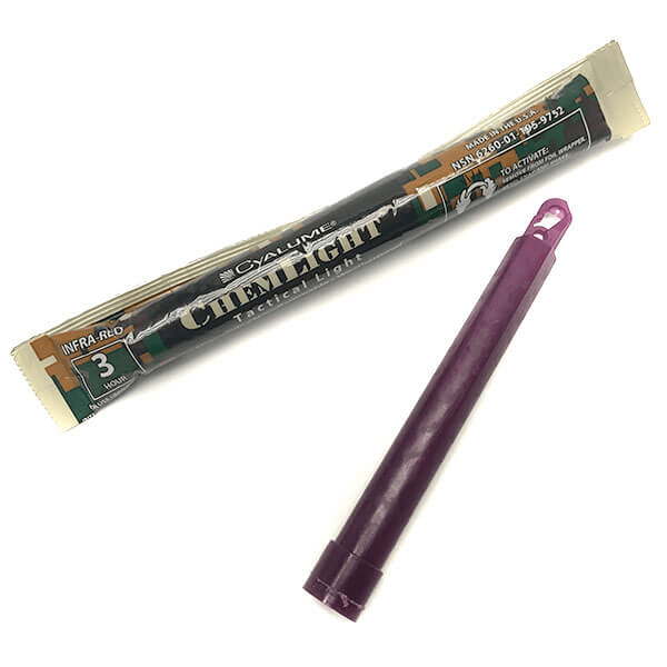 Cyalume IR ChemLight 3-hour stick at an angle next to its foil package