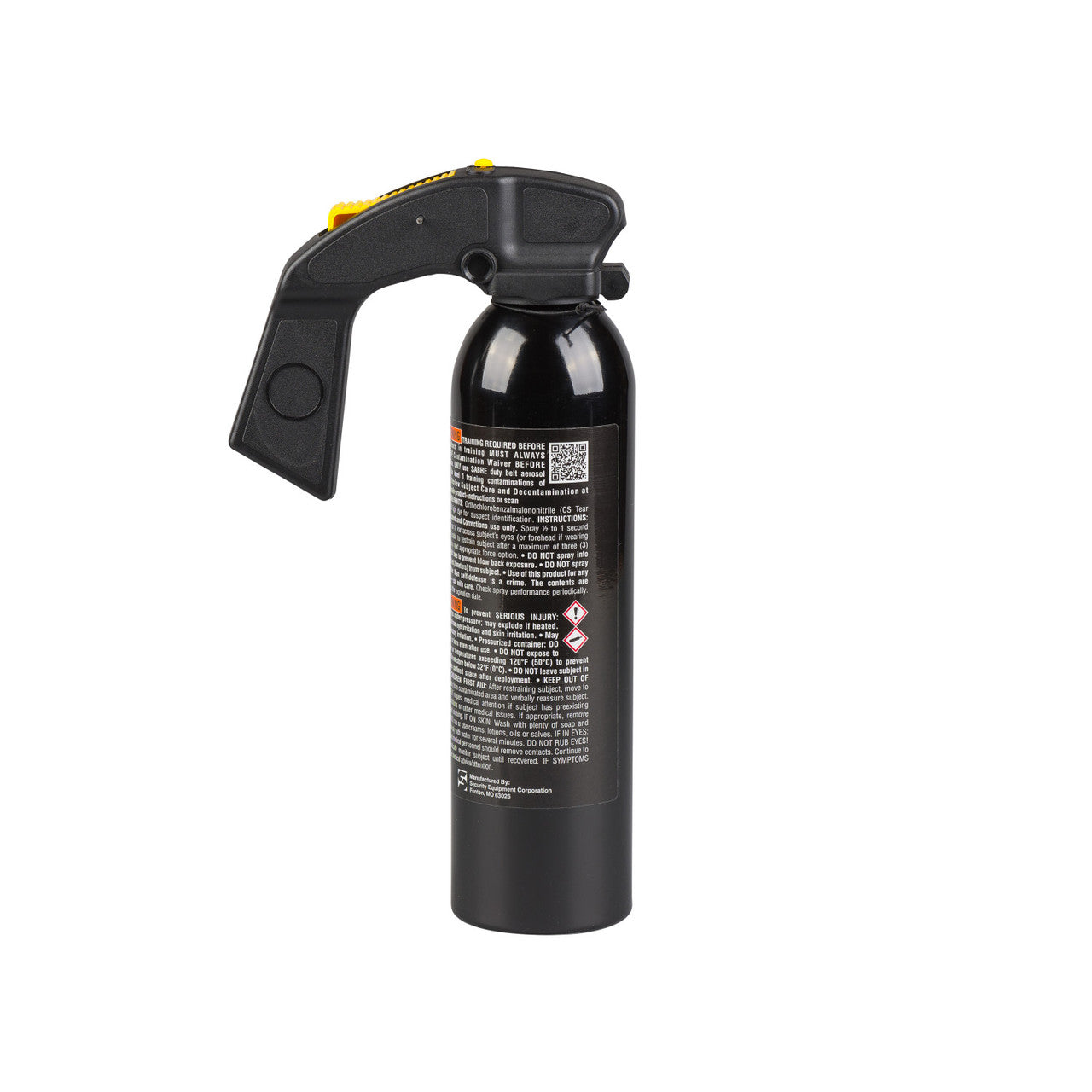 Black pepper spray canister with a yellow label on a white background