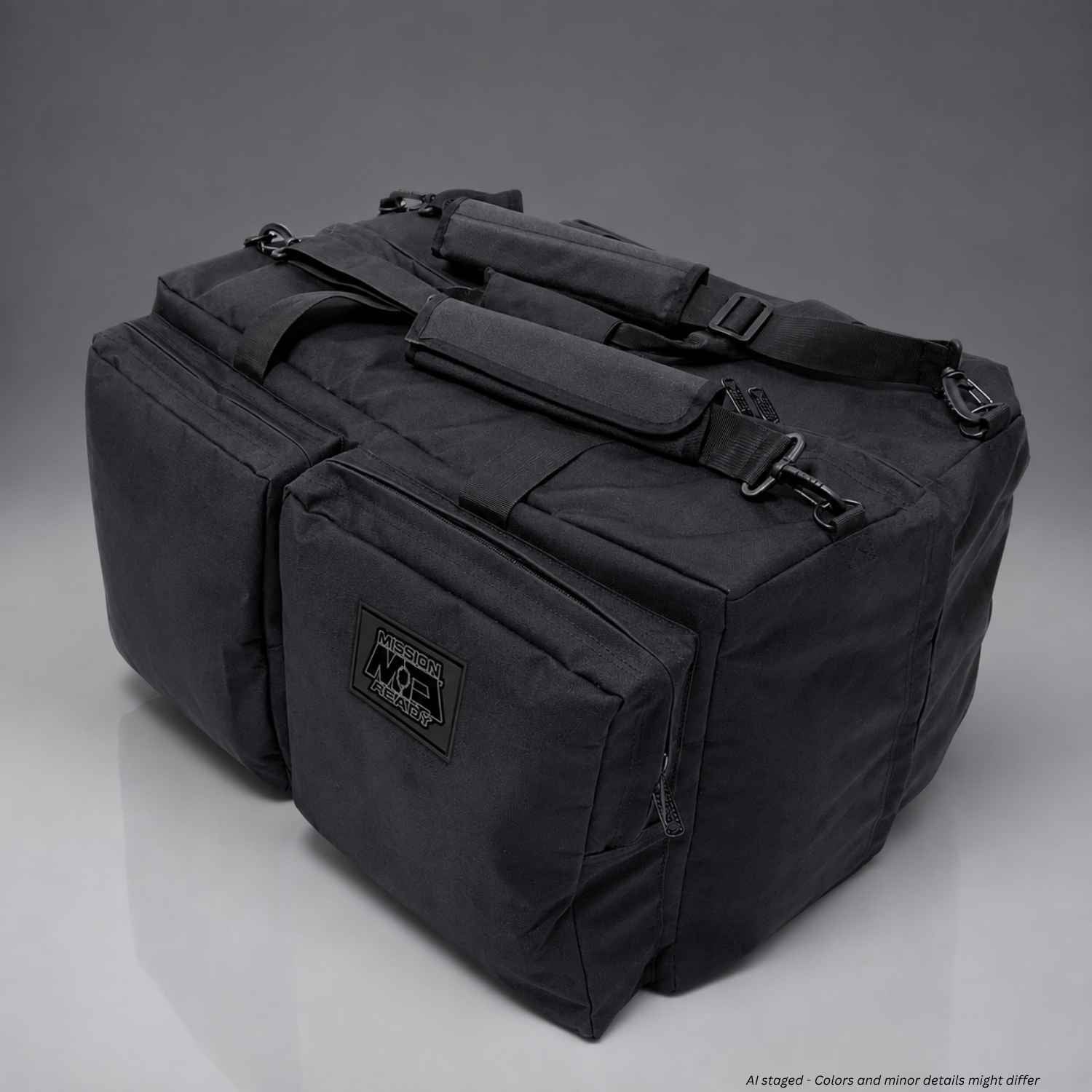 Damascus DBX2 riot control gear bag in black, front view with Mission Assault patch on a gray background