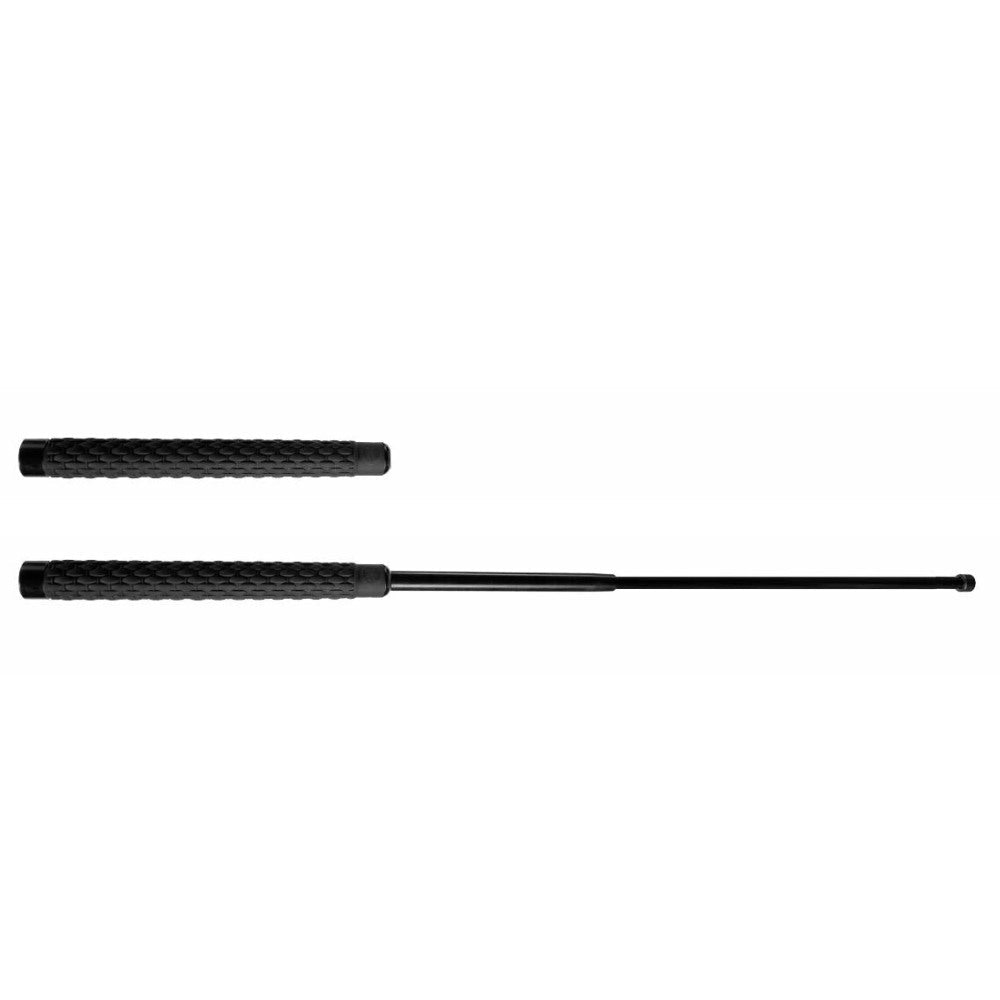 Two black expandable riot control batons with a textured grip, displayed side by side against a white background.