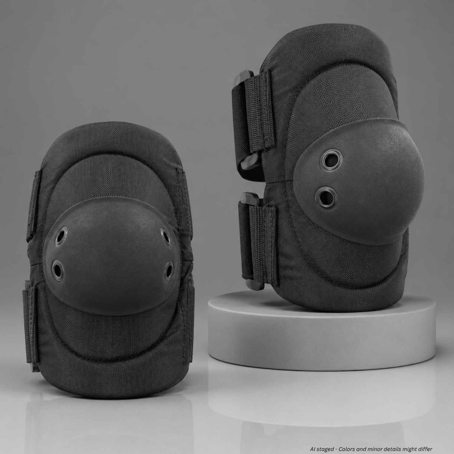 Two black knee pads displayed on a light gray reflective surface, with one standing upright on a round pedestal and the other lying on its side. The background is a clean, neutral gray studio backdrop.
