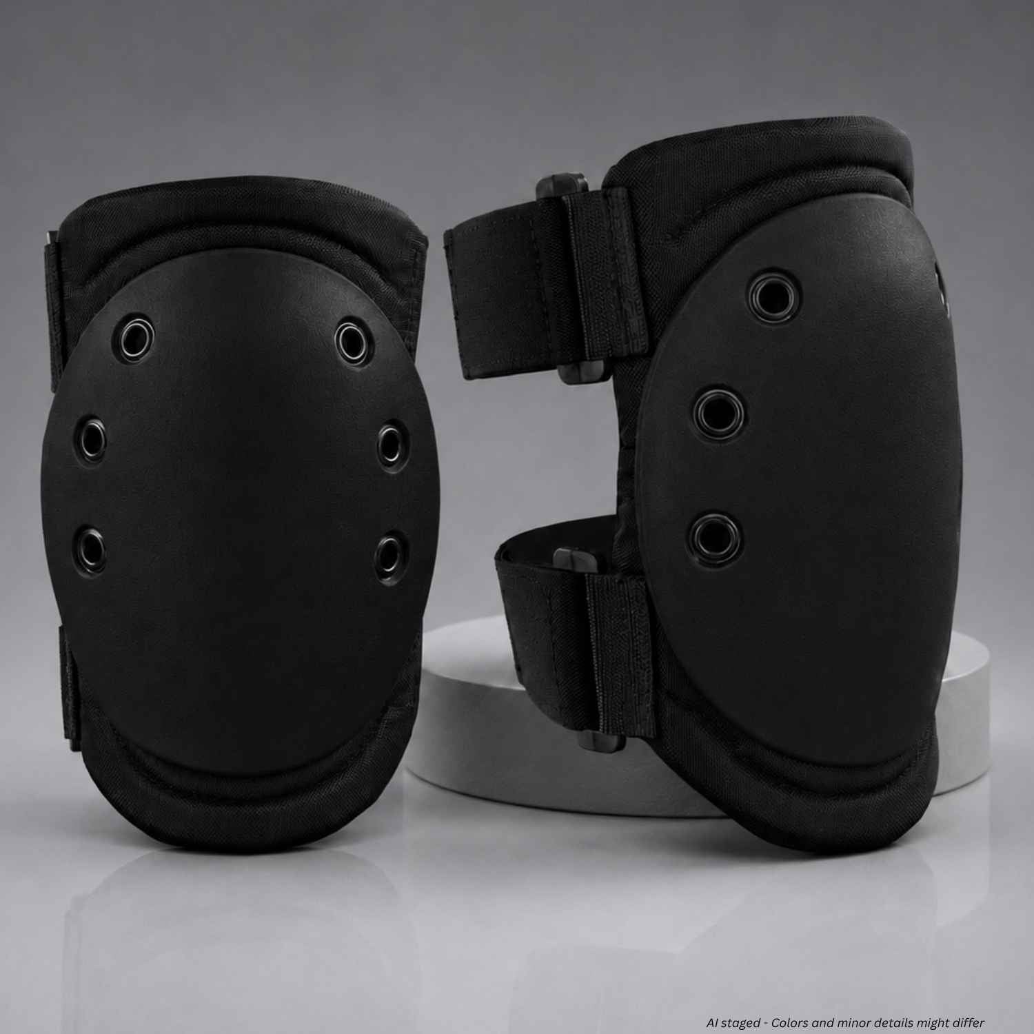 Damascus Imperial Hard Shell Cap Knee Pads DKP, black pair showing the molded caps and dual adjustable straps