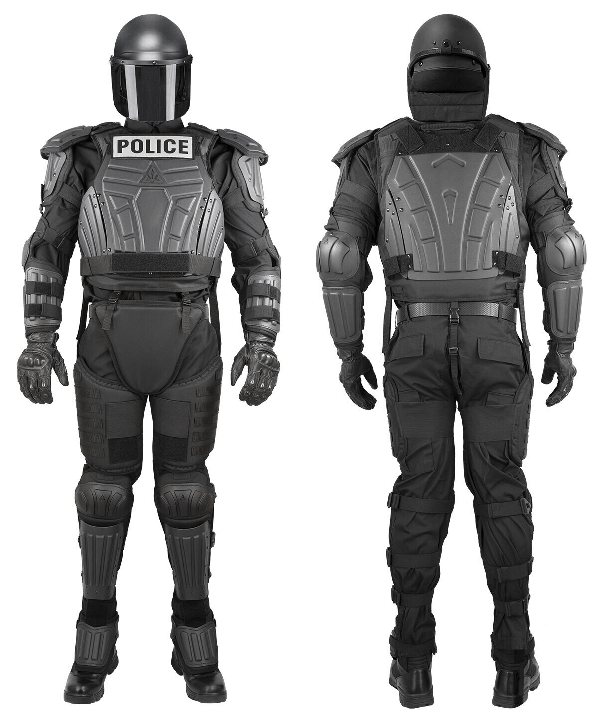Tactical riot suit featuring front and back views, designed for police with enhanced protection and mobility.
