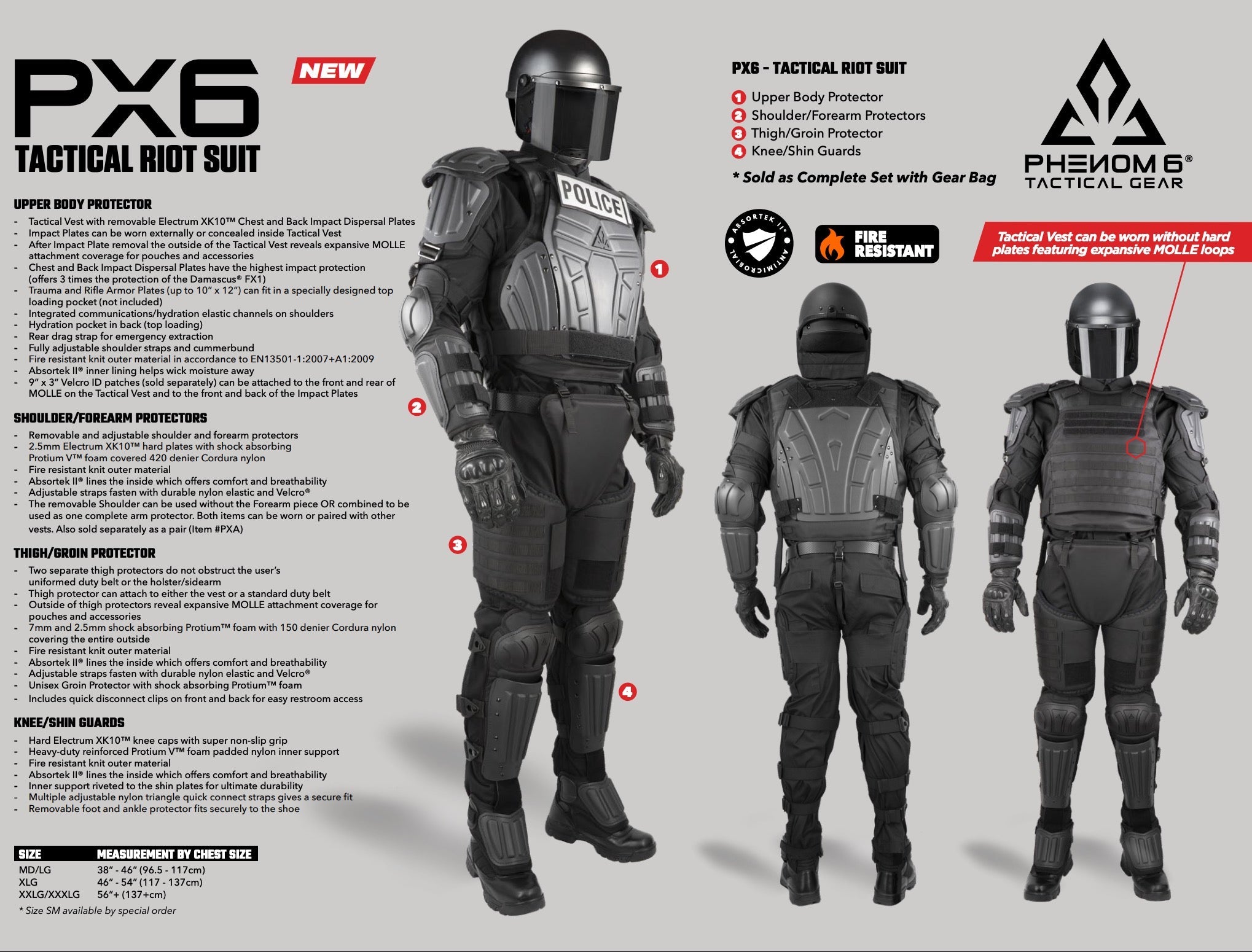 PX6 Tactical Riot Suit with Phenom's Gear branding on a gray background