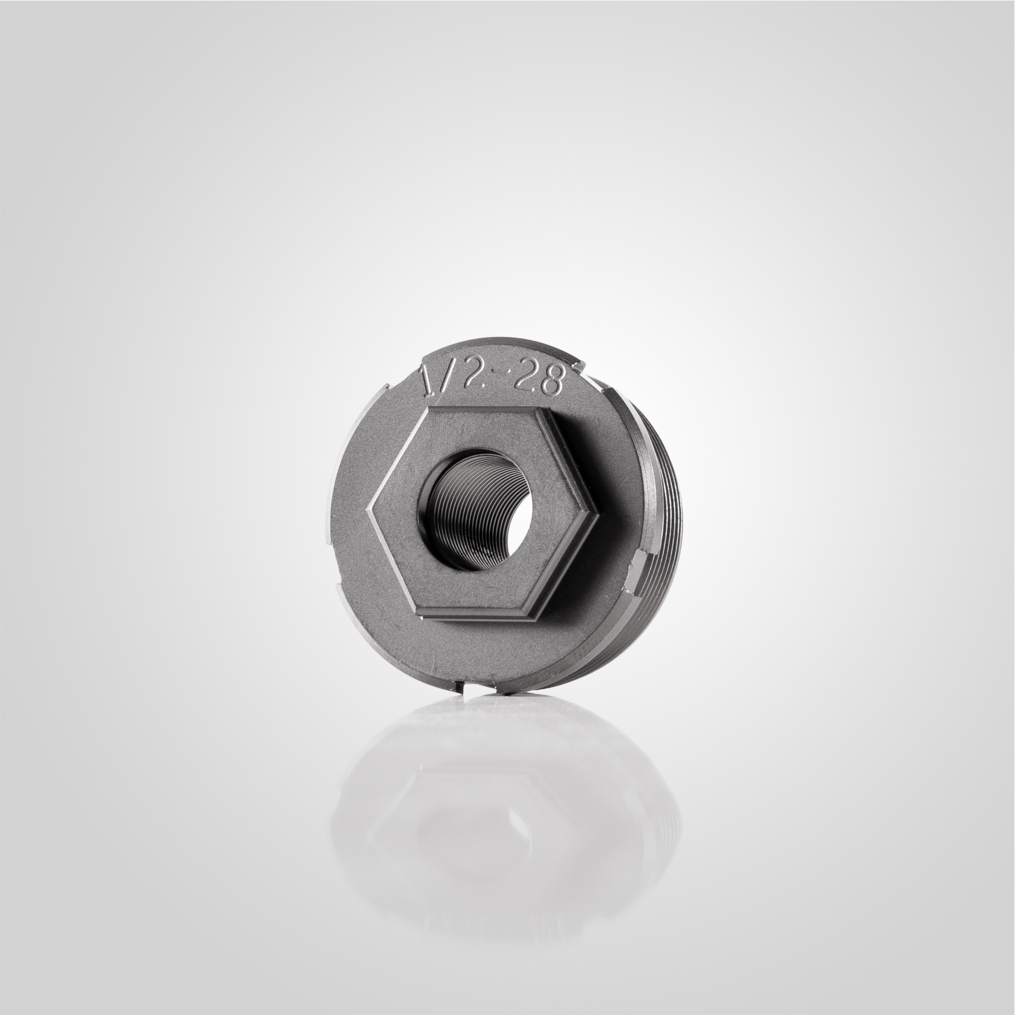 Dead Air Armament HUB Fixed Mount compatible insert for suppressors, featuring a 1/2-28 thread pitch design.