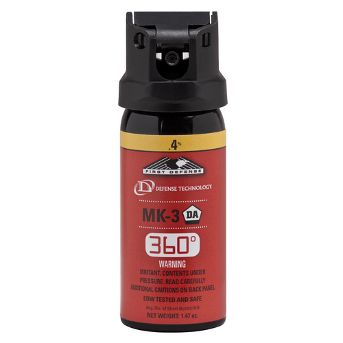 Pepper spray canister with red and black design on a white background