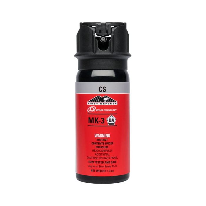 Red and black pepper spray canister with visible branding on a white background