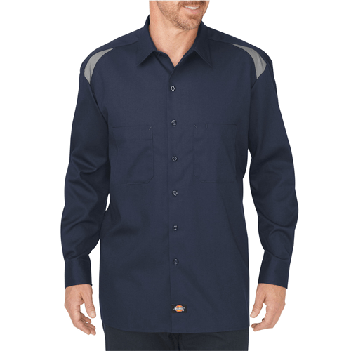 Dickies Performance Team Shirt in navy, featuring flex twill fabric, spacious fit, and color block shoulder details.