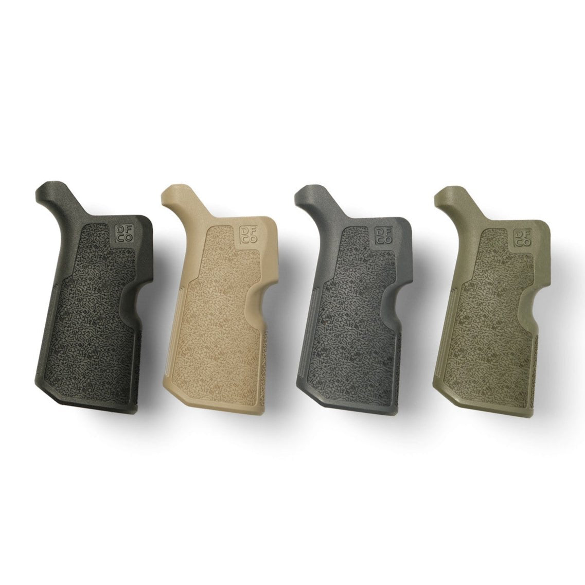 Die Free Co Kung Fu Grip in black, flat dark earth, gray, or olive drab green for AR15/M4 and AR10/SR25, featuring ergonomic design for improved shooting comfort.