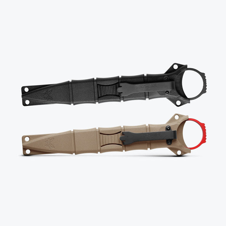 Two knife sheaths, one black and one tan with red accent, on a white background.