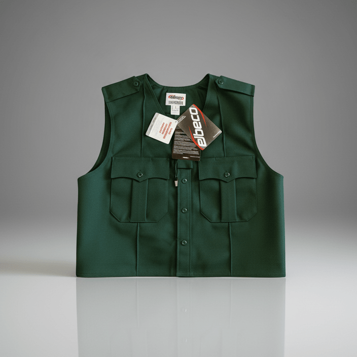 Green vest with tags on a gray background