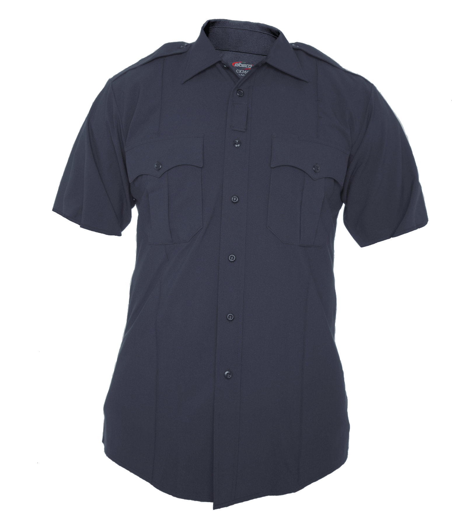 Navy short-sleeve shirt with button details on a white background