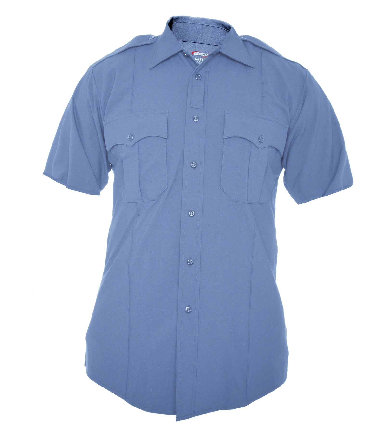 Blue short-sleeve police shirt with two front pockets on a white background