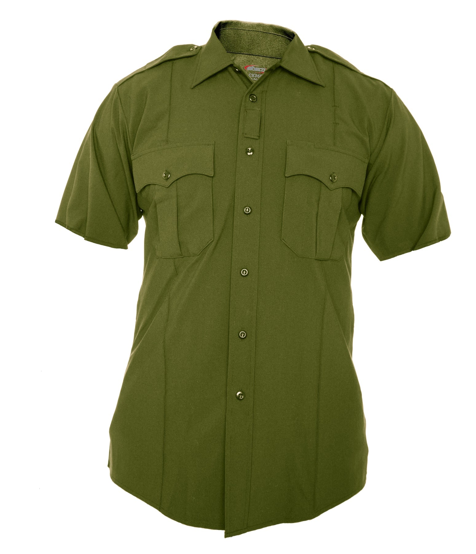 Olive Drab Green sheriff or police officer short-sleeve shirt with a collar on a white background
