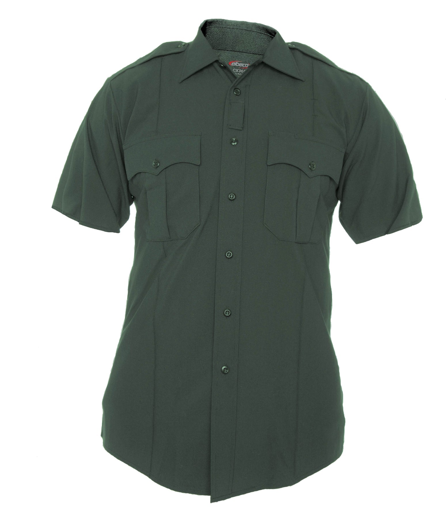 Navy short-sleeve shirt with button details on a white background