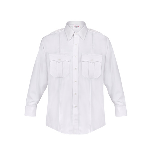 Elbeco DutyMaxx Long Sleeve Shirt in white, featuring dual chest pockets and a classic design for comfort and functionality.