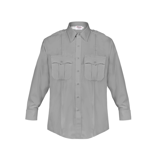 Elbeco DutyMaxx Long Sleeve Shirt in gray with two chest pockets and a button-up front design. Perfect for durability and comfort.