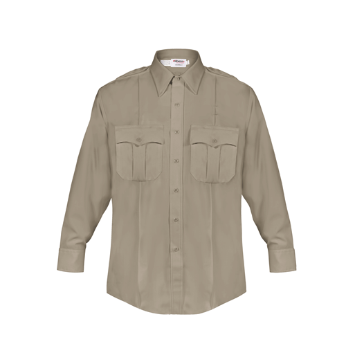 Elbeco DutyMaxx Long Sleeve Shirt in tan, featuring two front pockets and flex mesh underarm vents for comfort.
