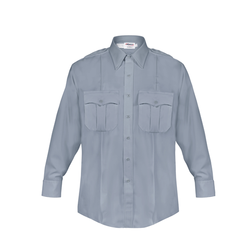 Elbeco DutyMaxx Long Sleeve Shirt in light grey with two front pockets, designed for comfort and durability.