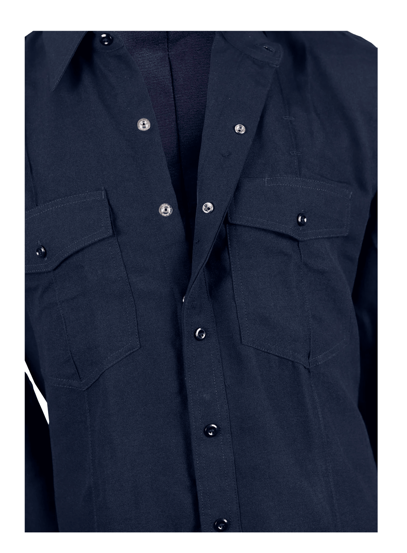 Navy blue shirt with button details on a white background