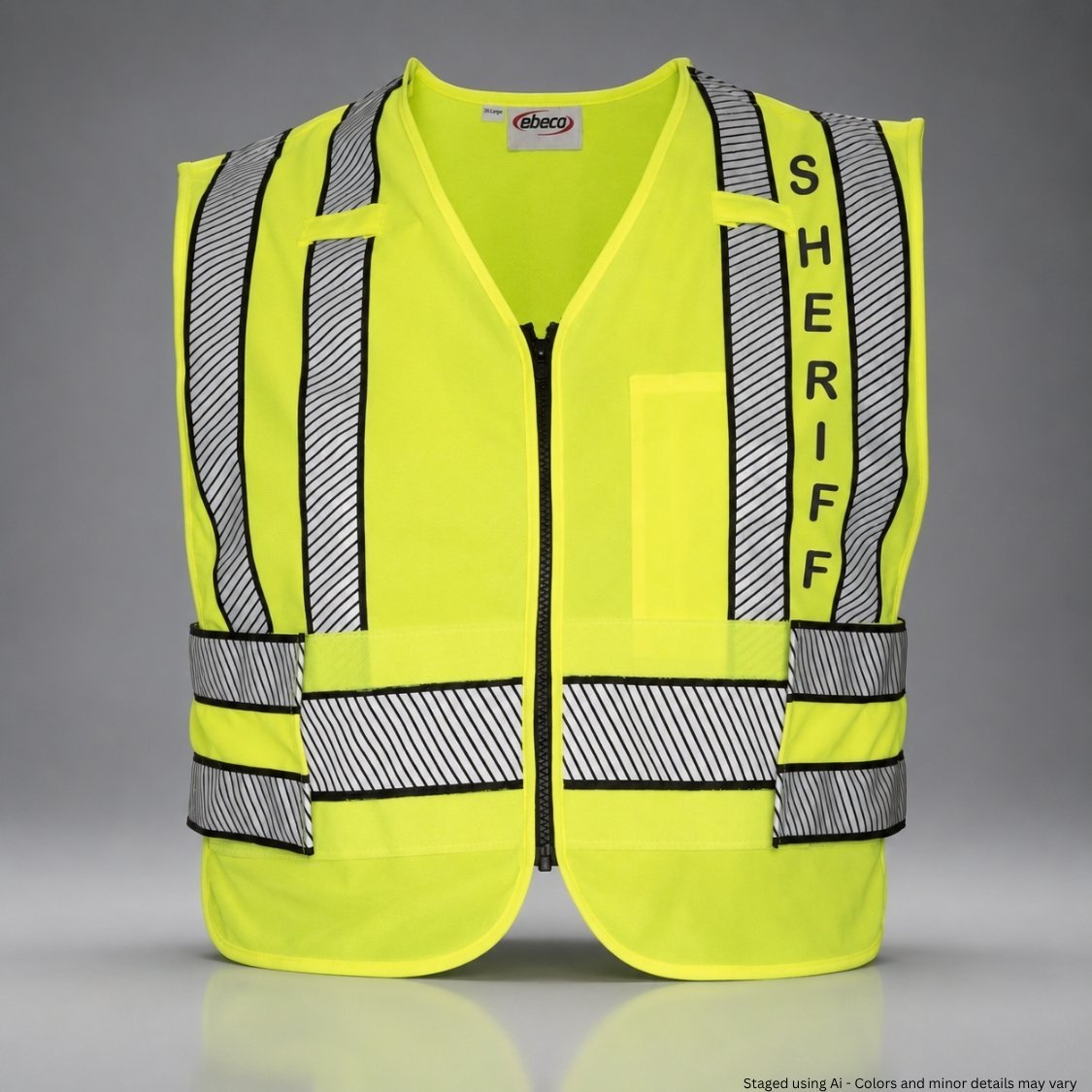 High-visibility yellow vest with 'SHERIFF' text on a gray background