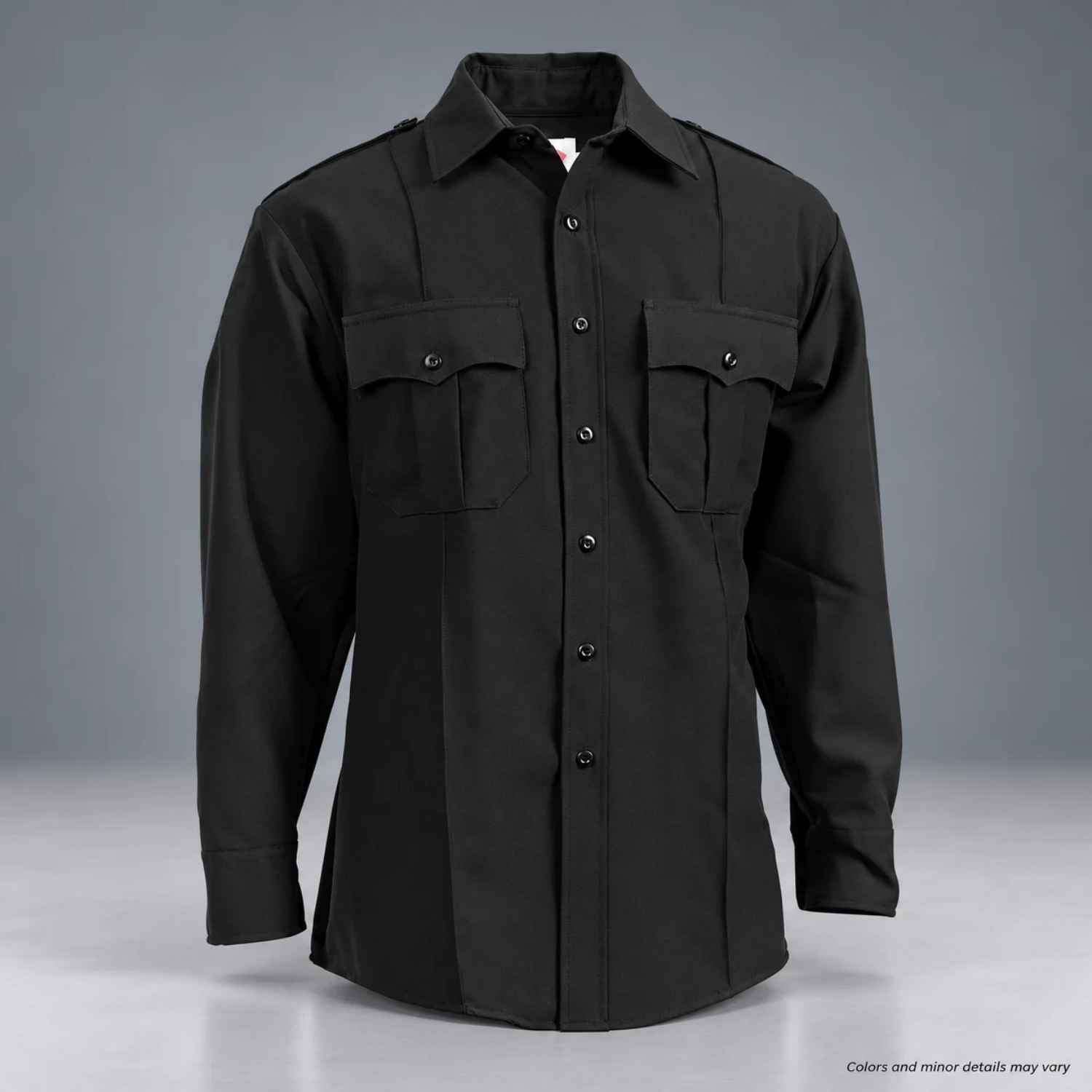 Elbeco TexTrop2 Z320N black long sleeve shirt with button-look zip placket, epaulets, and flap chest pockets