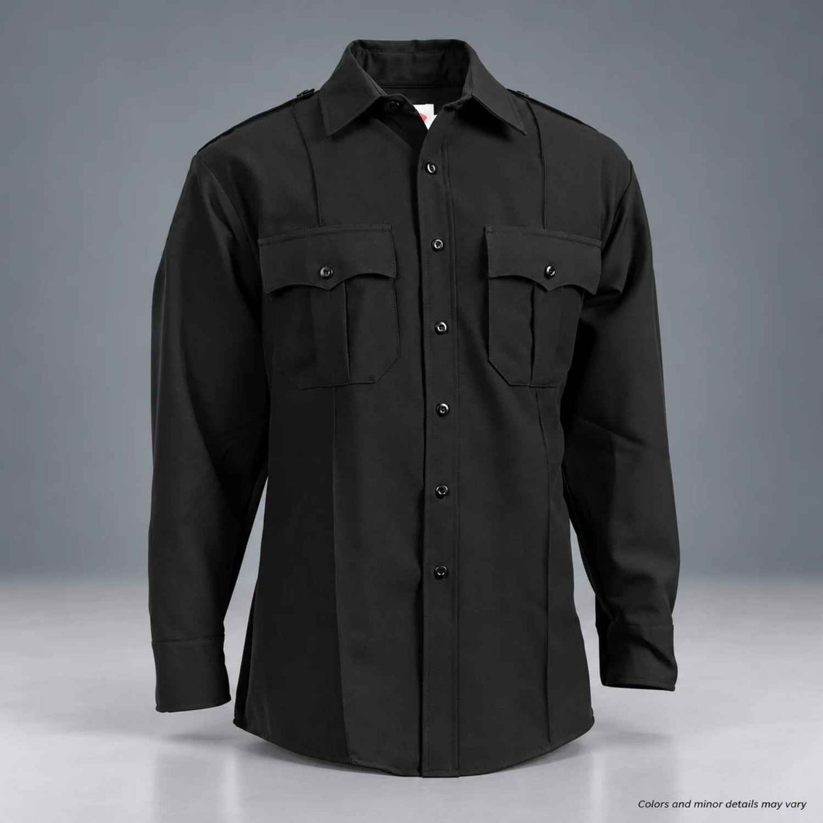 Elbeco TexTrop2 Z320N black long sleeve shirt with button-look zip placket, epaulets, and flap chest pockets
