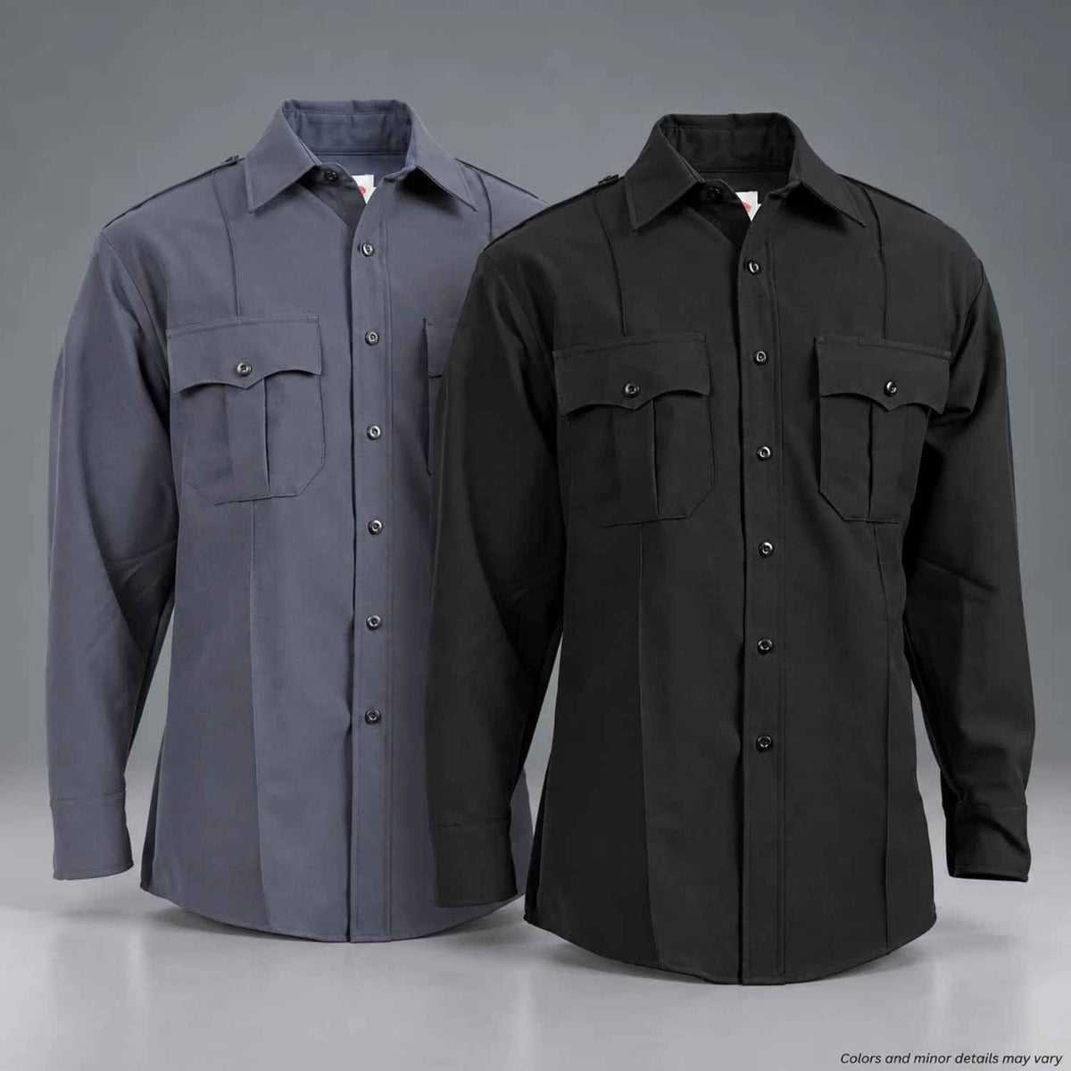 Elbeco TexTrop2 hidden zip long sleeve uniform shirts, Z320N Black and Z319N French Blue, front view