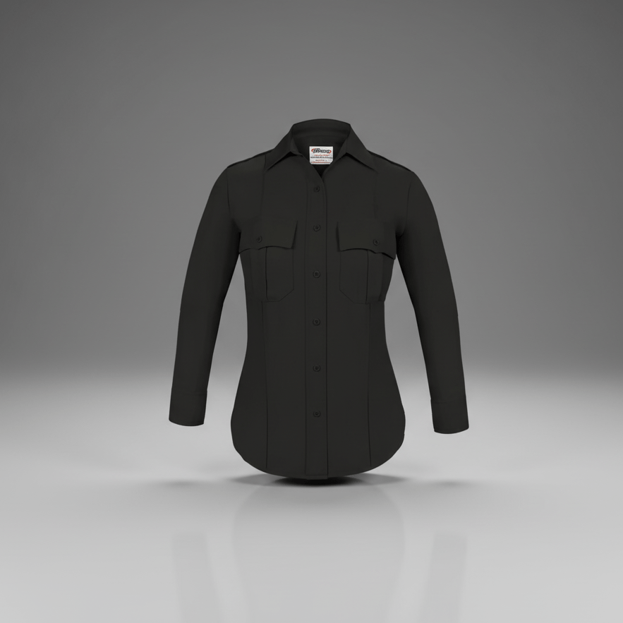 Elbeco Women's TexTrop2 Long-Sleeve Uniform Shirt Z9310LCN (Black) on a gray background