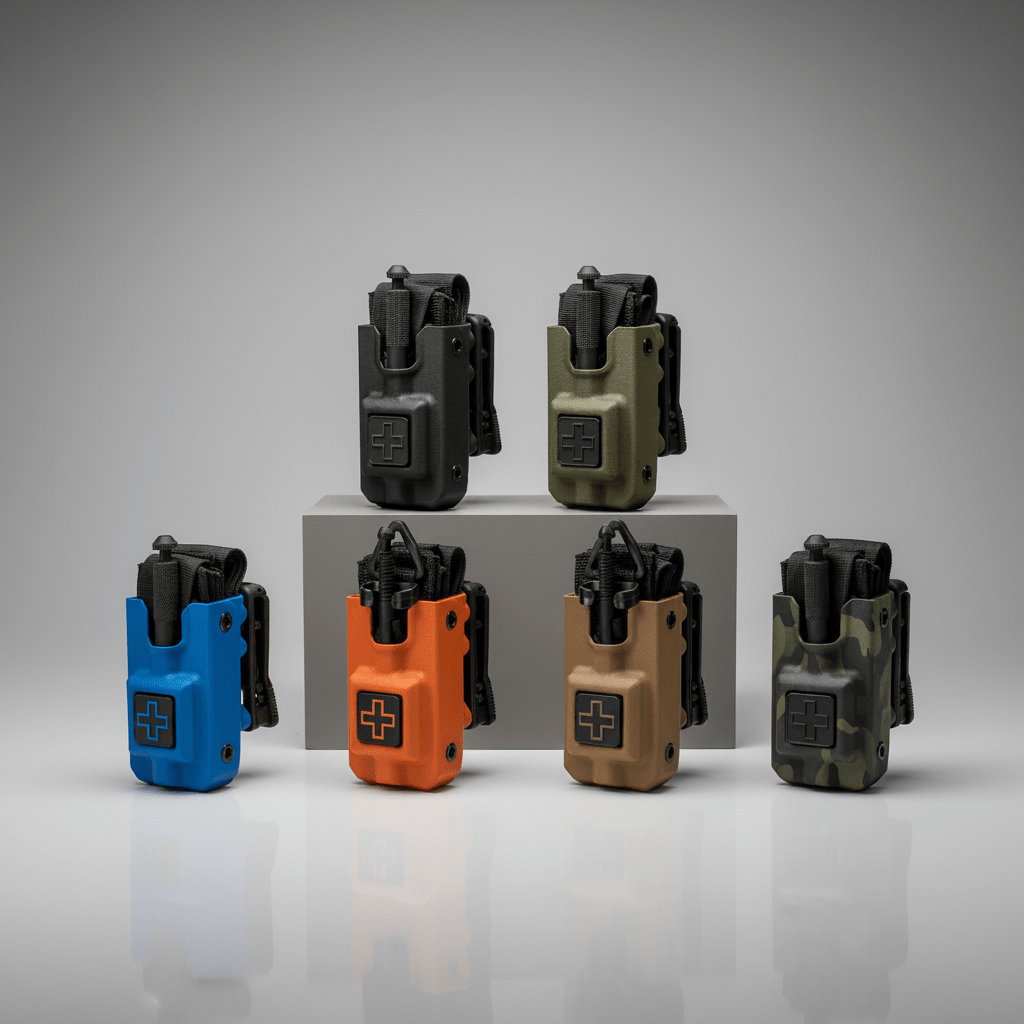 Set of six Eleven 10 RIGID Tourniquet Cases in different colors on a gray background
