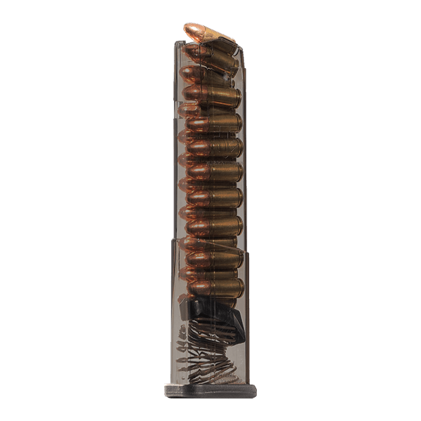 Elite Tactical Systems Carbon Smoke Mag for Glock 43X and 48 with clear body and enhanced features for reliability.