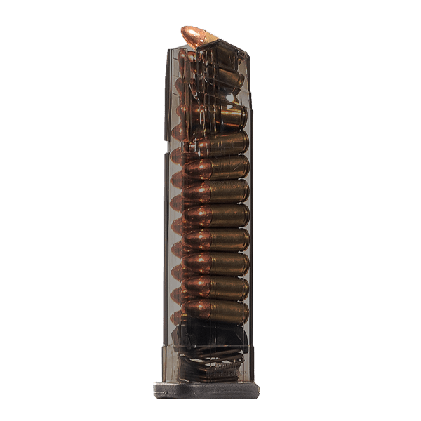 Elite Tactical Systems Carbon Smoke Mag for Sig P320, featuring clear body and fully loaded ammunition.