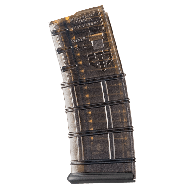 Elite Tactical Systems Carbon Smoke GEN 2 AR15 Mag showcasing extreme impact resistance and clear body for easy ammo visibility.
