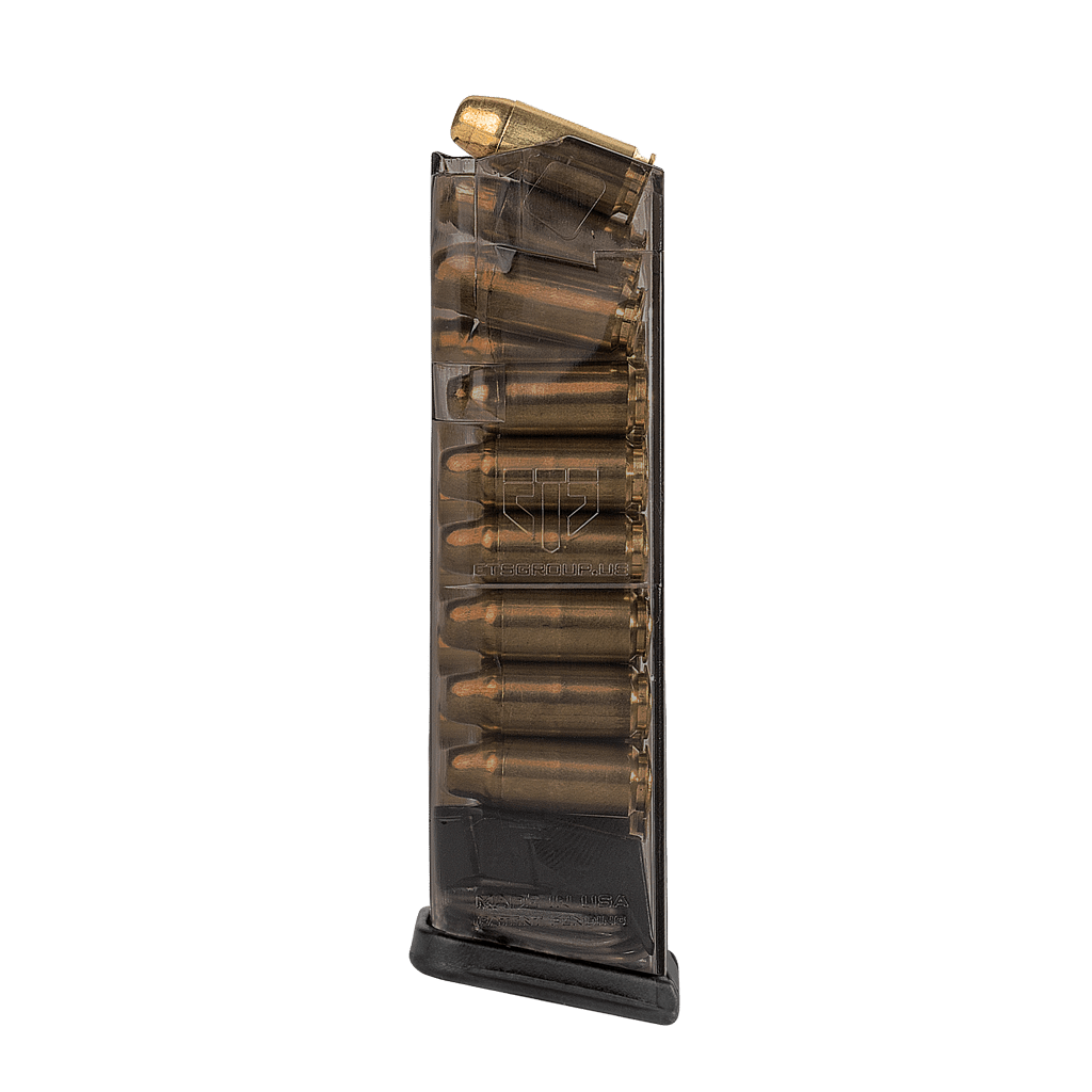 Elite Tactical Systems Carbon Smoke Magazine for Glock 22 showcasing clear body and stacked cartridges.