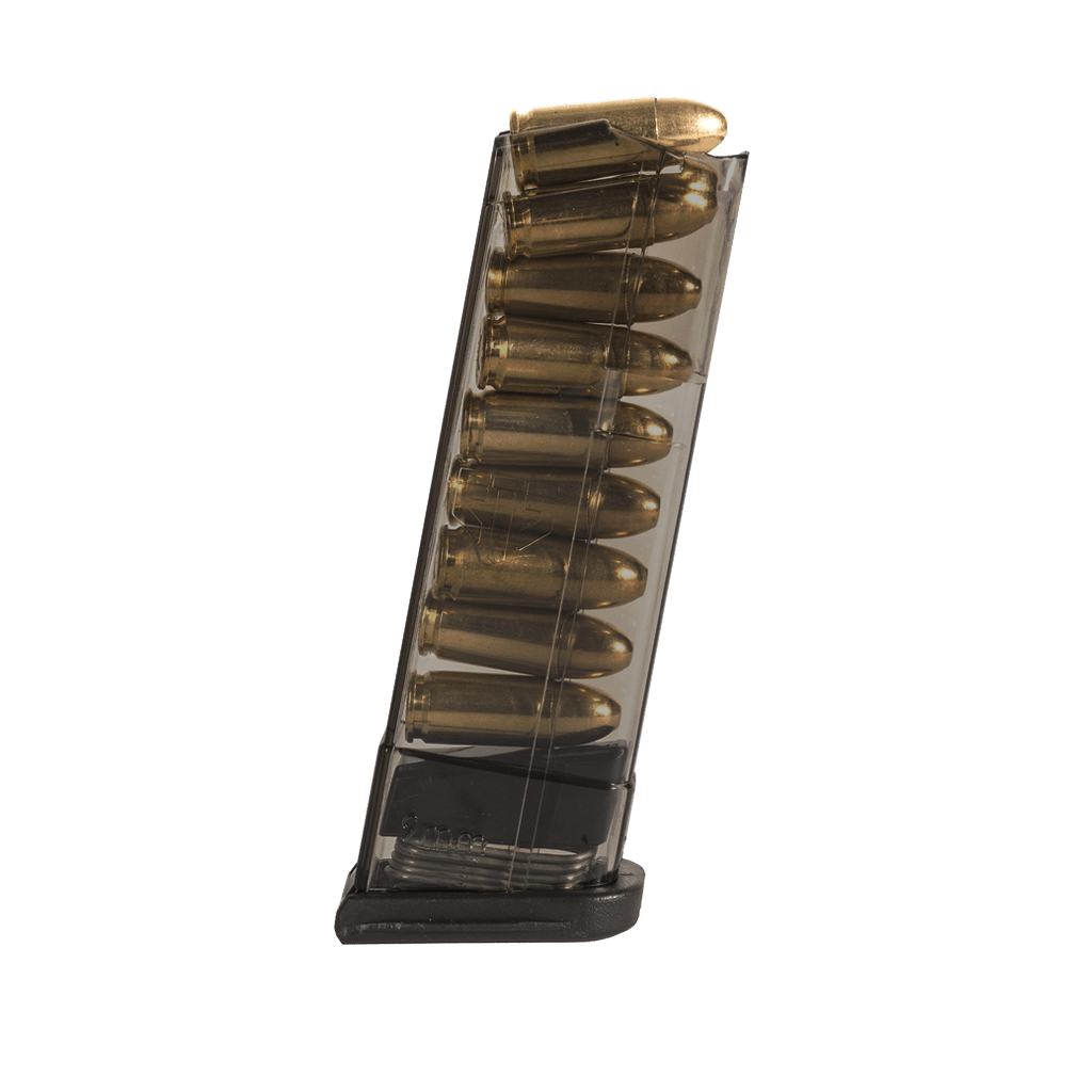 Elite Tactical Systems Carbon Smoke Magazine for Glock 43, showcasing clear body and loaded cartridges for easy visibility.