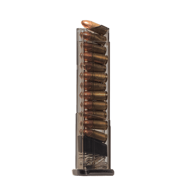 Elite Tactical Systems Carbon Smoke Magazine for S&W Shield displaying bullets, showcasing clear body and durable design.