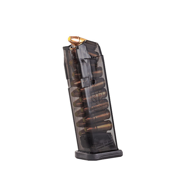 Elite Tactical Systems Carbon Smoke Mag for Glock 19 with clear body, showing ammo type and count. Durable and resistant to harsh conditions.
